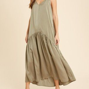 Oversize Dropwaist Spaghetti Strap Satin Dress Olive